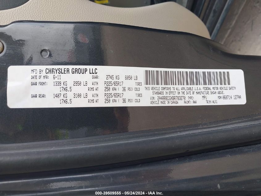 2011 Chrysler Town & Country Touring-L VIN: 2A4RR8DGXBR783270 Lot: 39509555