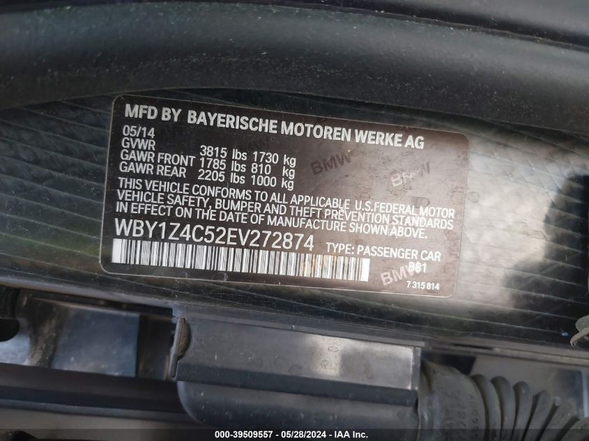 2014 BMW I3 Base W/Range Extender VIN: WBY1Z4C52EV272874 Lot: 39509557