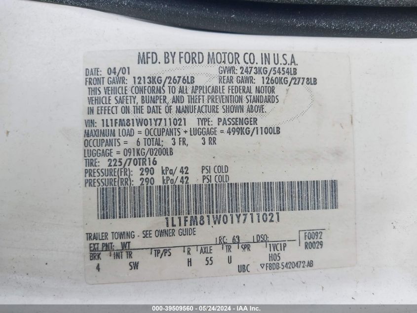 2001 Lincoln Town Car Executive VIN: 1L1FM81W01Y711021 Lot: 39509560