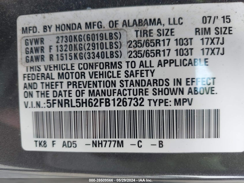 2015 Honda Odyssey Ex-L VIN: 5FNRL5H62FB126732 Lot: 39509566