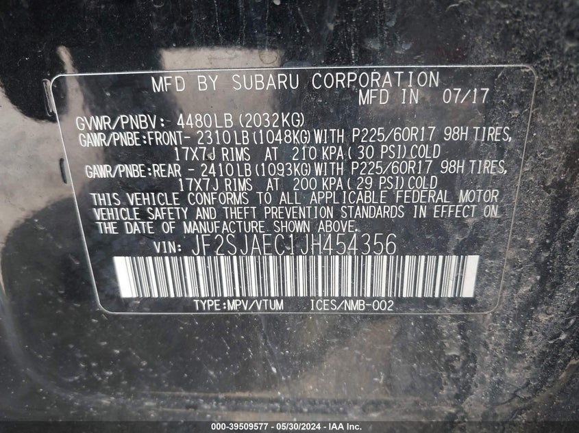 2018 Subaru Forester 2.5I Premium VIN: JF2SJAEC1JH454356 Lot: 39509577
