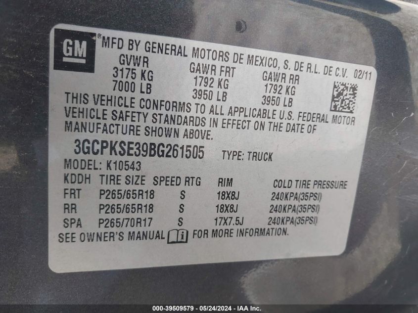 2011 Chevrolet Silverado 1500 Lt VIN: 3GCPKSE39BG261505 Lot: 39509579