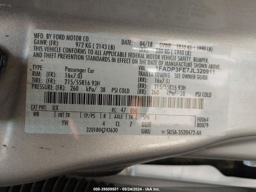 1FADP3FE7JL320911 2018 Ford Focus Se