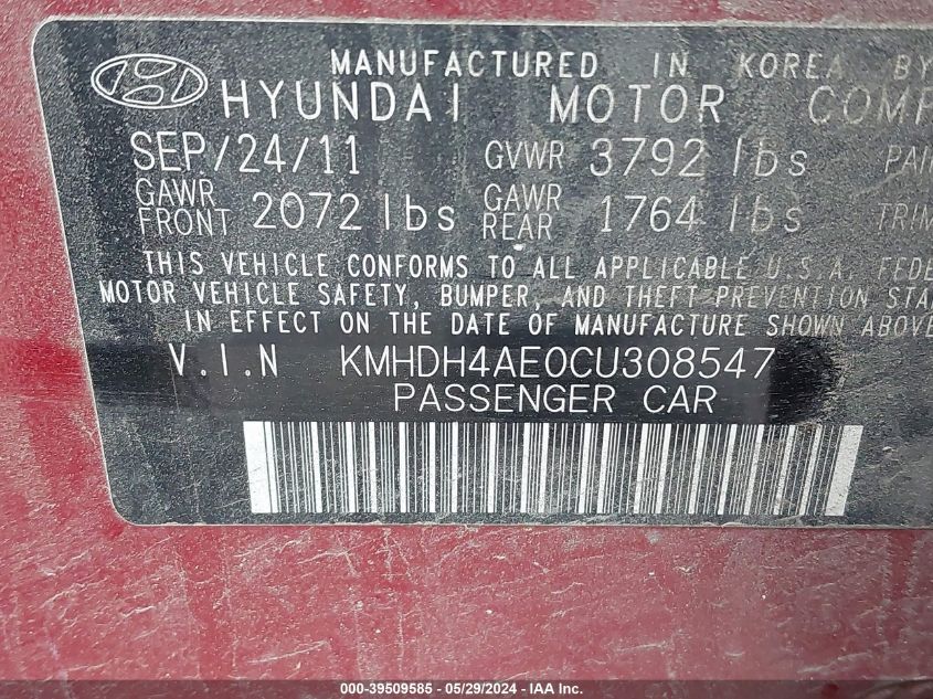 2012 Hyundai Elantra Gls (Ulsan Plant) VIN: KMHDH4AE0CU308547 Lot: 39509585