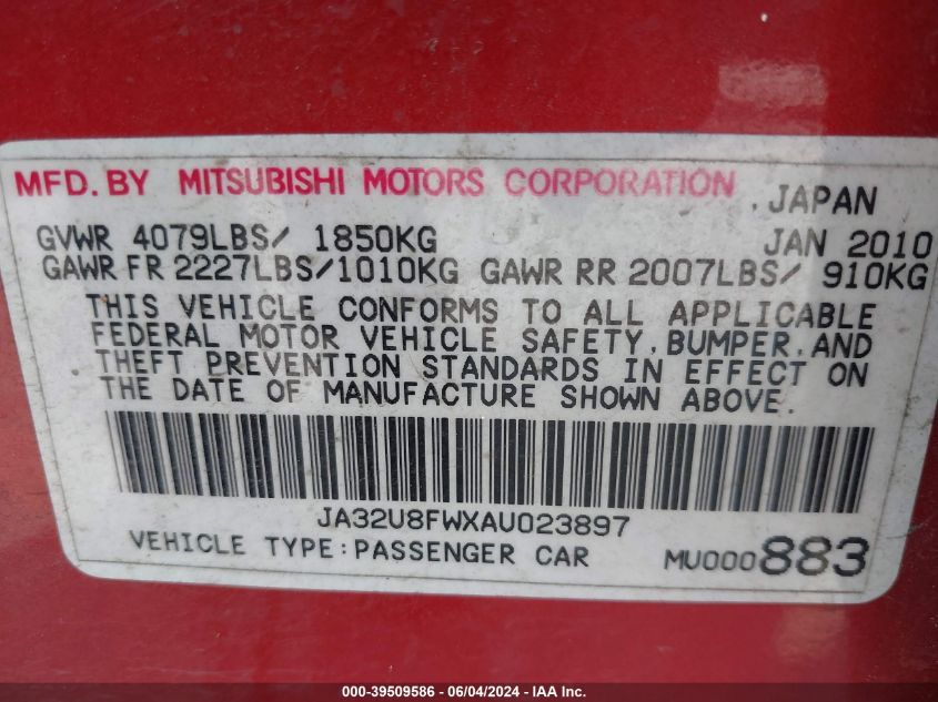 2010 Mitsubishi Lancer Gts VIN: JA32U8FWXAU023897 Lot: 39509586