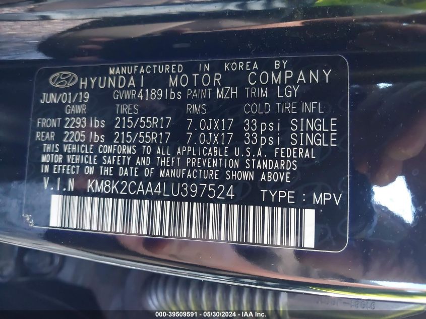 2020 HYUNDAI KONA SEL - KM8K2CAA4LU397524