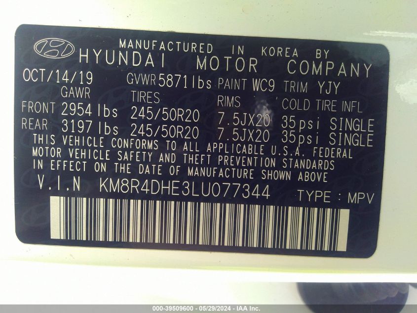 2020 Hyundai Palisade Sel VIN: KM8R4DHE3LU077344 Lot: 39509600