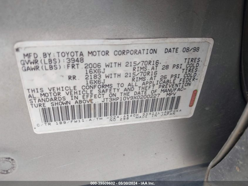 1999 Toyota Rav4 VIN: JT3HP10V9X0200227 Lot: 39509602
