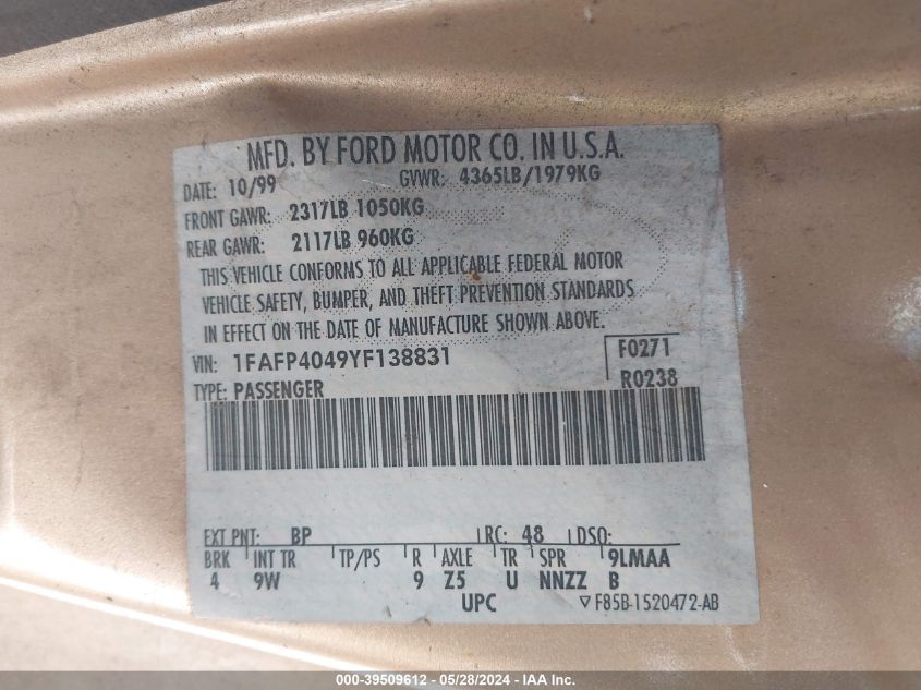 2000 Ford Mustang VIN: 1FAFP4049YF138831 Lot: 39509612