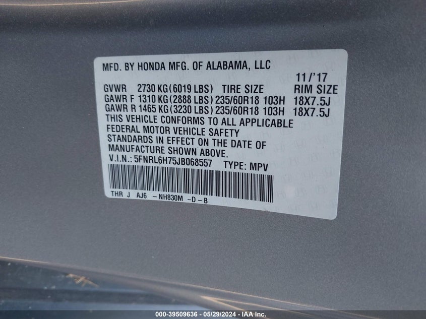 2018 Honda Odyssey Ex-L VIN: 5FNRL6H75JB068557 Lot: 39509636