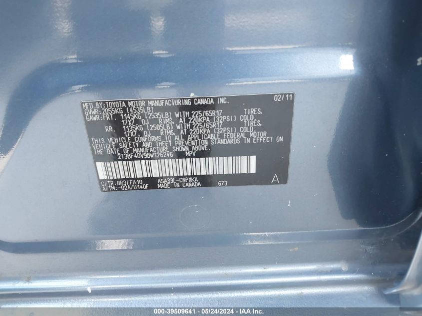 2011 Toyota Rav4 VIN: 2T3BF4DV9BW126246 Lot: 39509641