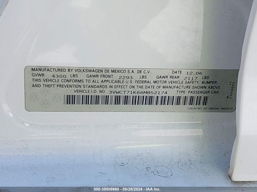 2006 Volkswagen Jetta Diesel VIN: 3VWCT71K66M852174 Lot: 39509660