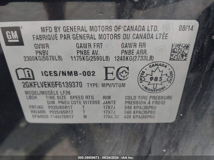 2015 GMC Terrain Sle-1 VIN: 2GKFLVEK6F6139370 Lot: 39509673