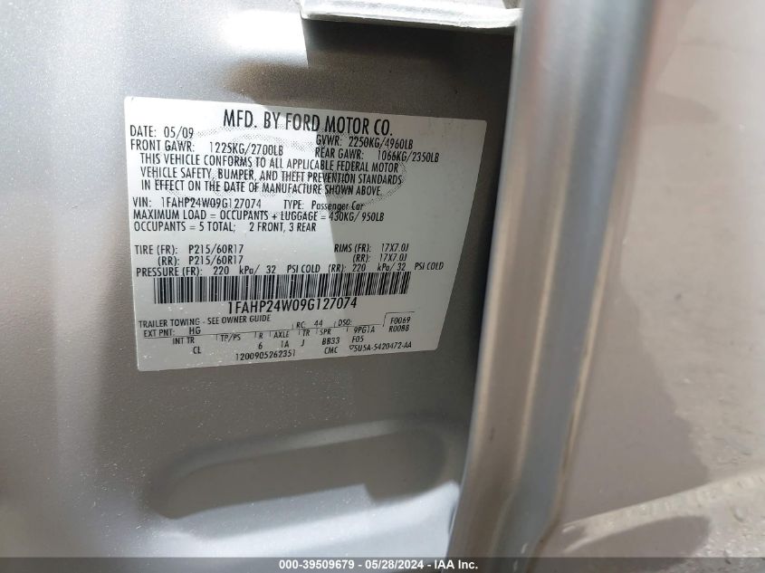 2009 Ford Taurus Sel VIN: 1FAHP24W09G127074 Lot: 39509679