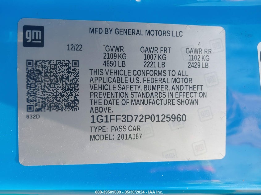 2023 Chevrolet Camaro VIN: 1G1FF3D72P0125960 Lot: 39509699