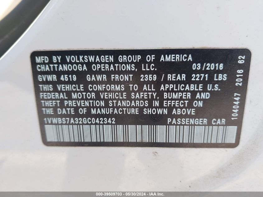 2016 Volkswagen Passat 1.8T Se VIN: 1VWBS7A32GC042342 Lot: 39509703
