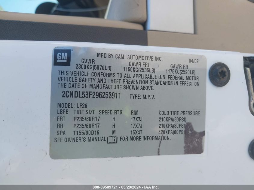 2CNDL53F296253911 2009 Chevrolet Equinox Lt