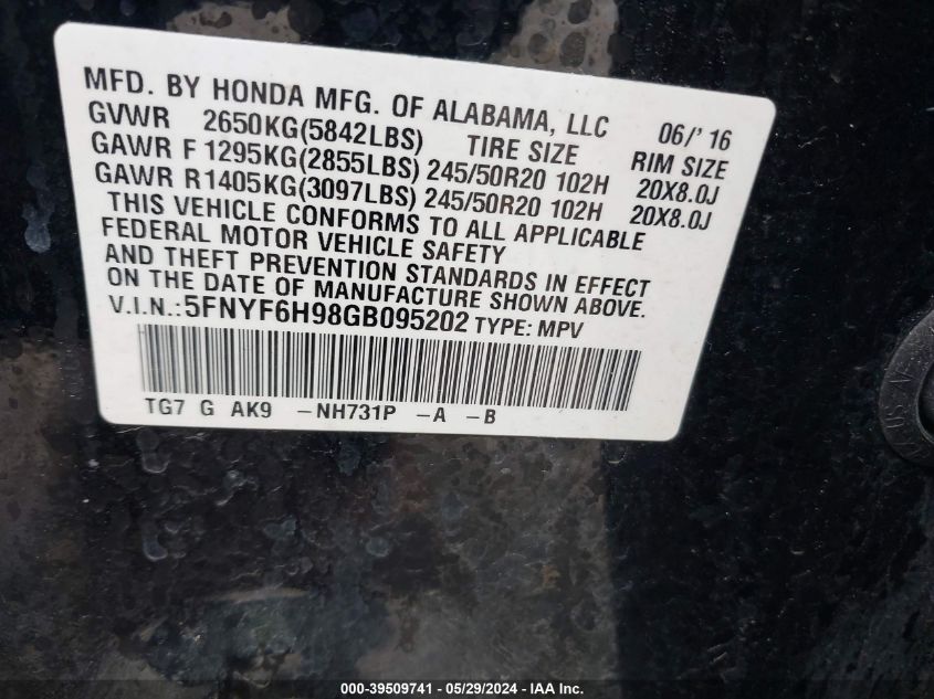 2016 Honda Pilot Touring VIN: 5FNYF6H98GB095202 Lot: 39509741