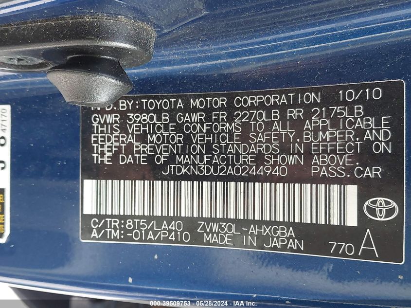 2010 Toyota Prius Iv VIN: JTDKN3DU2A0244940 Lot: 39509753