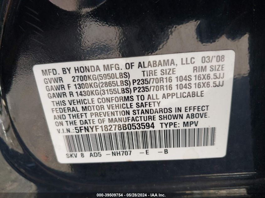 2008 Honda Pilot Vp VIN: 5FNYF18278B053594 Lot: 39509754