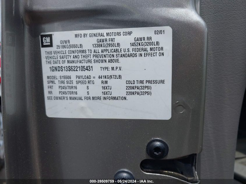 2002 Chevrolet Trailblazer Lt VIN: 1GNDS13S622105431 Lot: 39509759