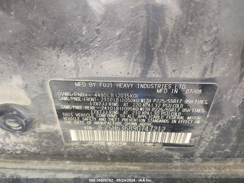 2009 Subaru Forester 2.5X Premium VIN: JF2SH63689G747212 Lot: 39509762