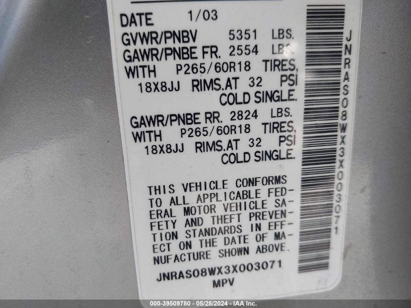 2003 Infiniti Fx35 VIN: JNRAS08WX3X003071 Lot: 39509780