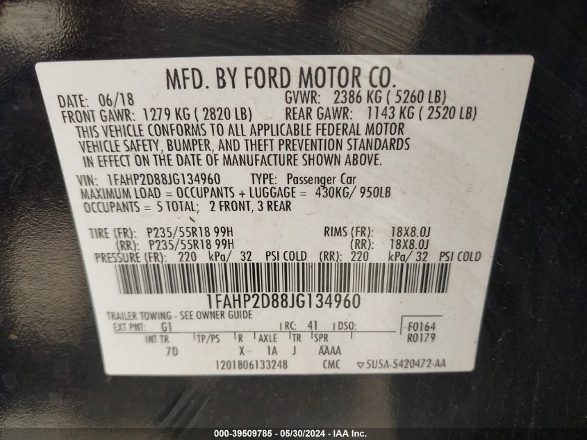 1FAHP2D88JG134960 2018 Ford Taurus Se