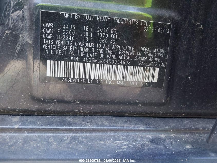 2013 Subaru Legacy 2.5I Limited VIN: 4S3BMCK64D3034608 Lot: 39509788
