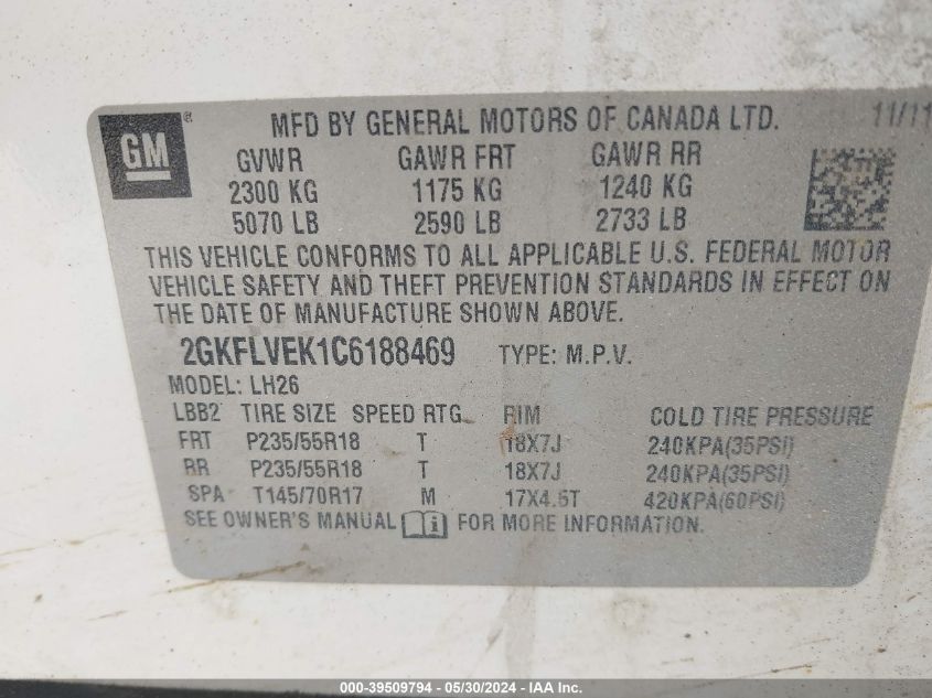 2012 GMC Terrain Slt-1 VIN: 2GKFLVEK1C6188469 Lot: 39509794