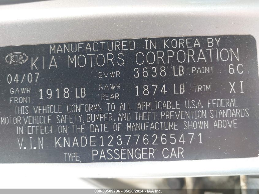 2007 Kia Rio Lx VIN: KNADE123776265471 Lot: 39509796