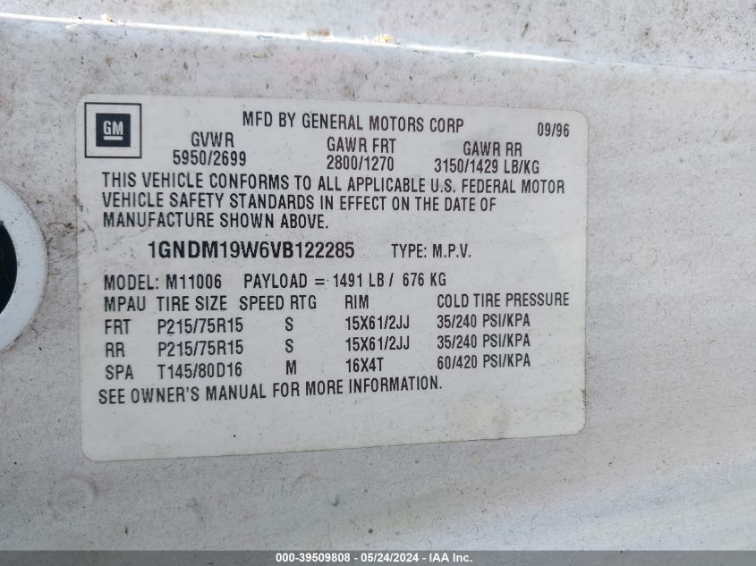 1997 Chevrolet Astro VIN: 1GNDM19W6VB122285 Lot: 39509808