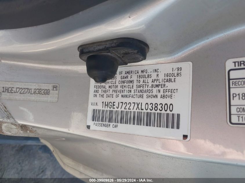 1999 Honda Civic Hx VIN: 1HGEJ7227XL038300 Lot: 39509826