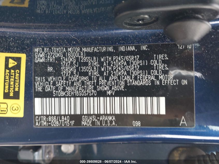 2011 Toyota Highlander Se V6 VIN: 5TDBK3EH1BS057570 Lot: 39509828