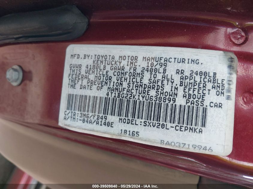 2000 Toyota Camry Le VIN: 4T1BG22K1YU638899 Lot: 39509840