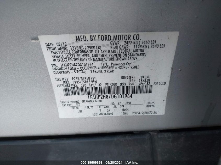 2013 Ford Taurus Sel VIN: 1FAHP2H87DG101964 Lot: 39509856