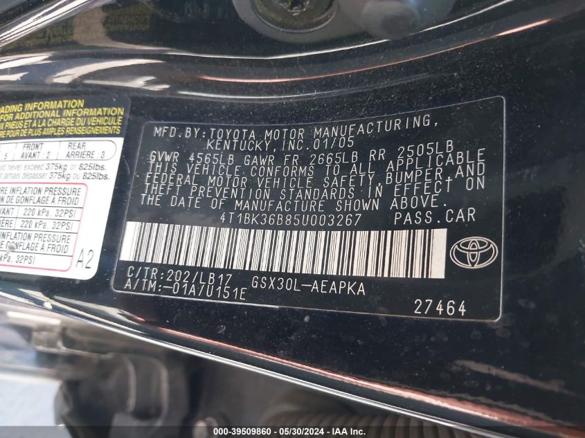 2005 Toyota Avalon Limited/Touring/Xl/Xls VIN: 4T1BK36B85U003267 Lot: 39509860