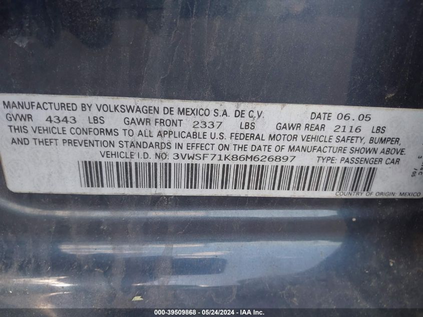 2006 Volkswagen Jetta 2.5 VIN: 3VWSF71K86M626897 Lot: 39509868