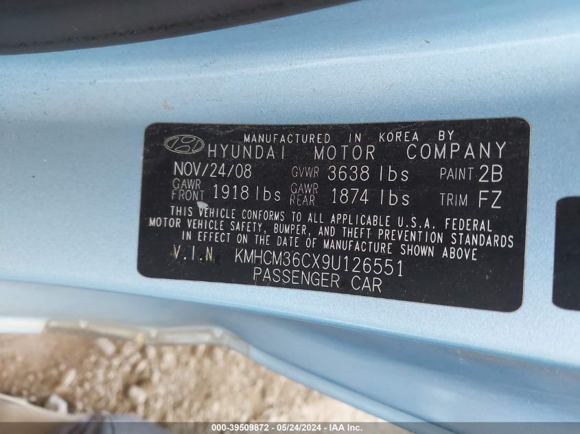 2009 Hyundai Accent Gs VIN: KMHCM36CX9U126551 Lot: 39509872