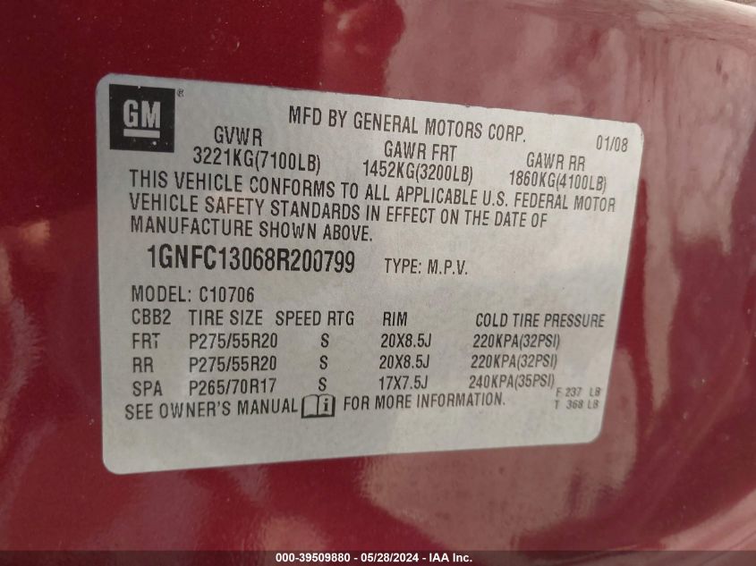 2008 Chevrolet Tahoe Lt VIN: 1GNFC13068R200799 Lot: 39509880
