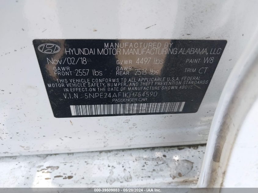 2019 Hyundai Sonata Se VIN: 5NPE24AF1KH754590 Lot: 39509883