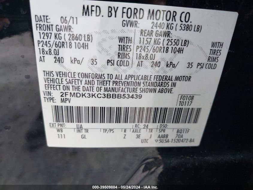 2011 Ford Edge Limited VIN: 2FMDK3KC3BBB53439 Lot: 39509884