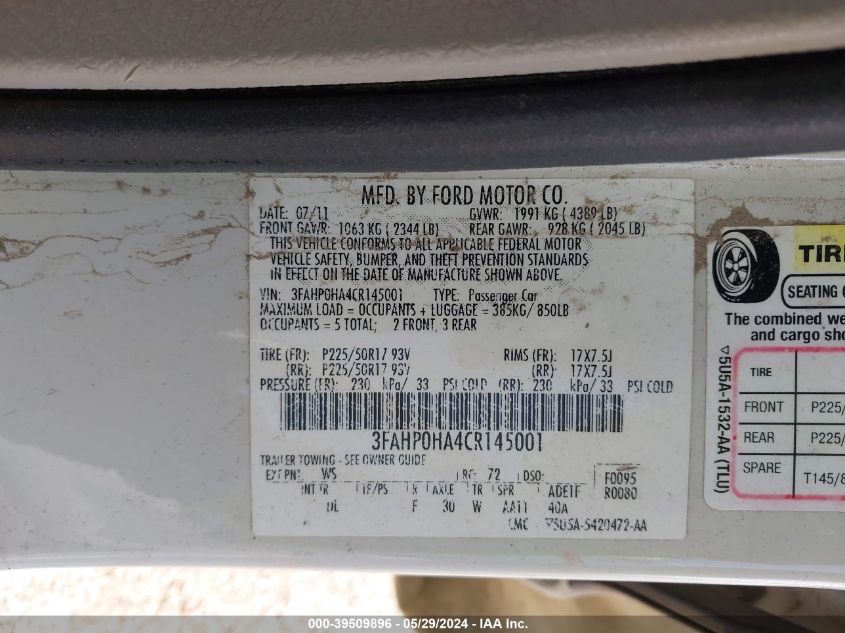 2012 Ford Fusion Se VIN: 3FAHP0HA4CR145001 Lot: 39509896