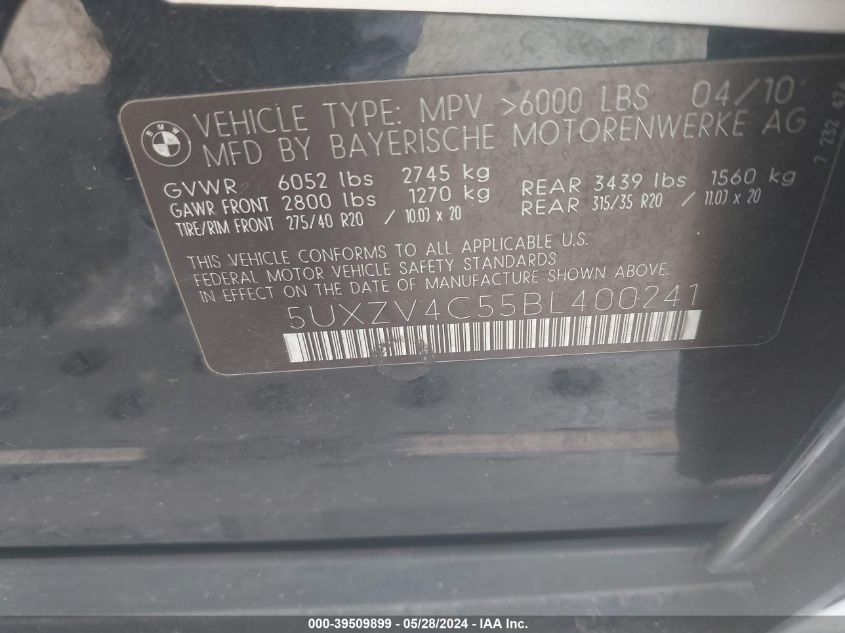 2011 BMW X5 xDrive35I/xDrive35I Premium/xDrive35I Sport Activity VIN: 5UXZV4C55BL400241 Lot: 39509899