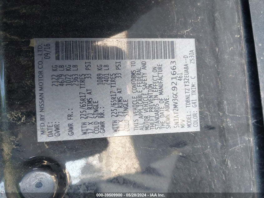 2016 Nissan Rogue Sv VIN: 5N1AT2MV3GC921663 Lot: 39509900