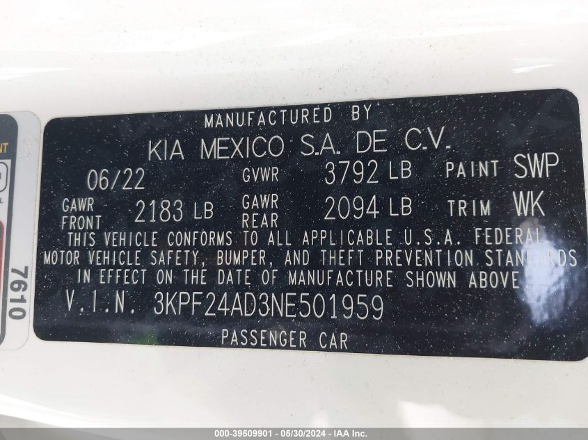 2022 Kia Forte Lxs VIN: 3KPF24AD3NE501959 Lot: 39509901