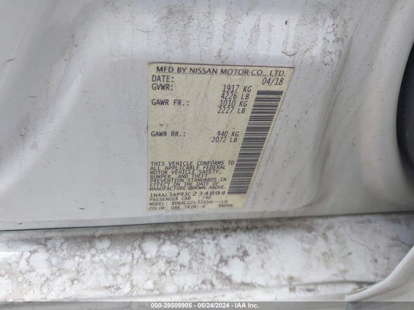 2018 Nissan Altima 2.5 S VIN: 1N4AL3AP9JC234894 Lot: 39509905