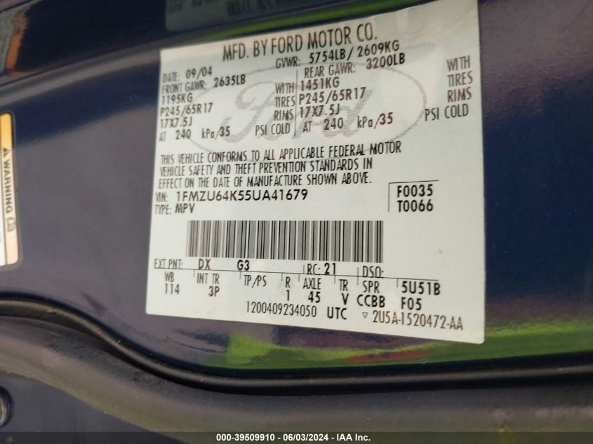 1FMZU64K55UA41679 2005 Ford Explorer Eddie Bauer