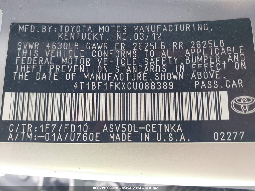 2012 Toyota Camry Se/Le/Xle VIN: 4T1BF1FKXCU088389 Lot: 39509920