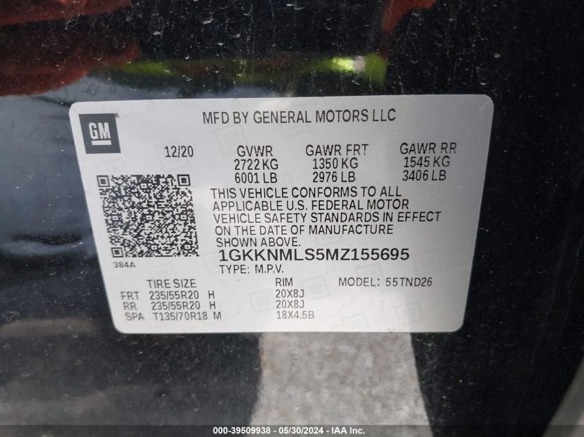 2021 GMC Acadia Fwd Slt VIN: 1GKKNMLS5MZ155695 Lot: 39509938